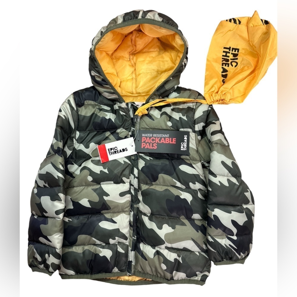Epic Threads Water Resistant Packable Eucalyptus Camo Puffer Jacket Hood NWT 4T4